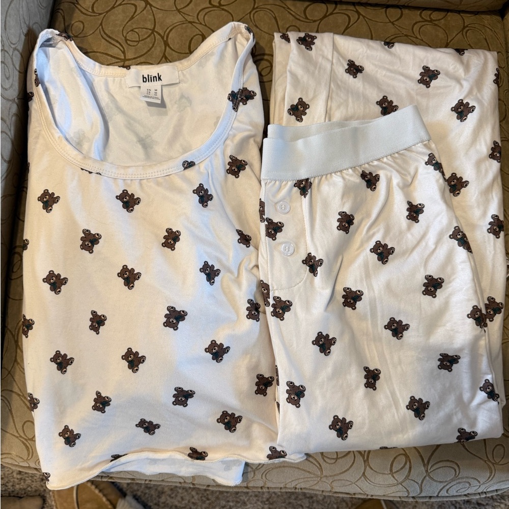 Blink Cream Pajama Set with Teddy Bear Print